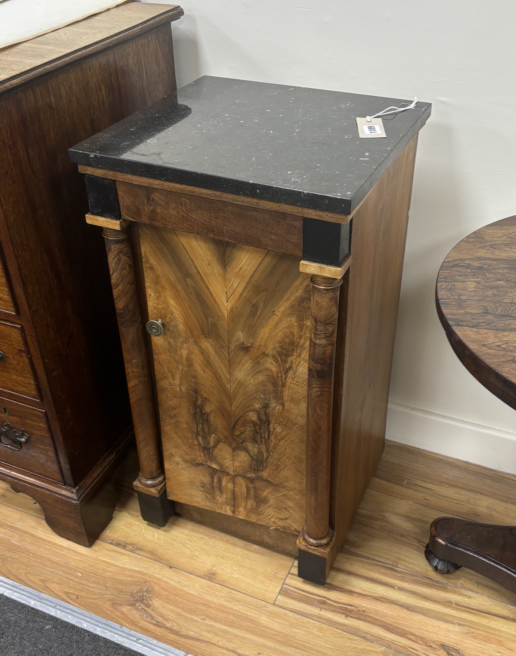 A Biedermeier style walnut marble top bedside cabinet, width 39cm, depth 37cm, height 75cm